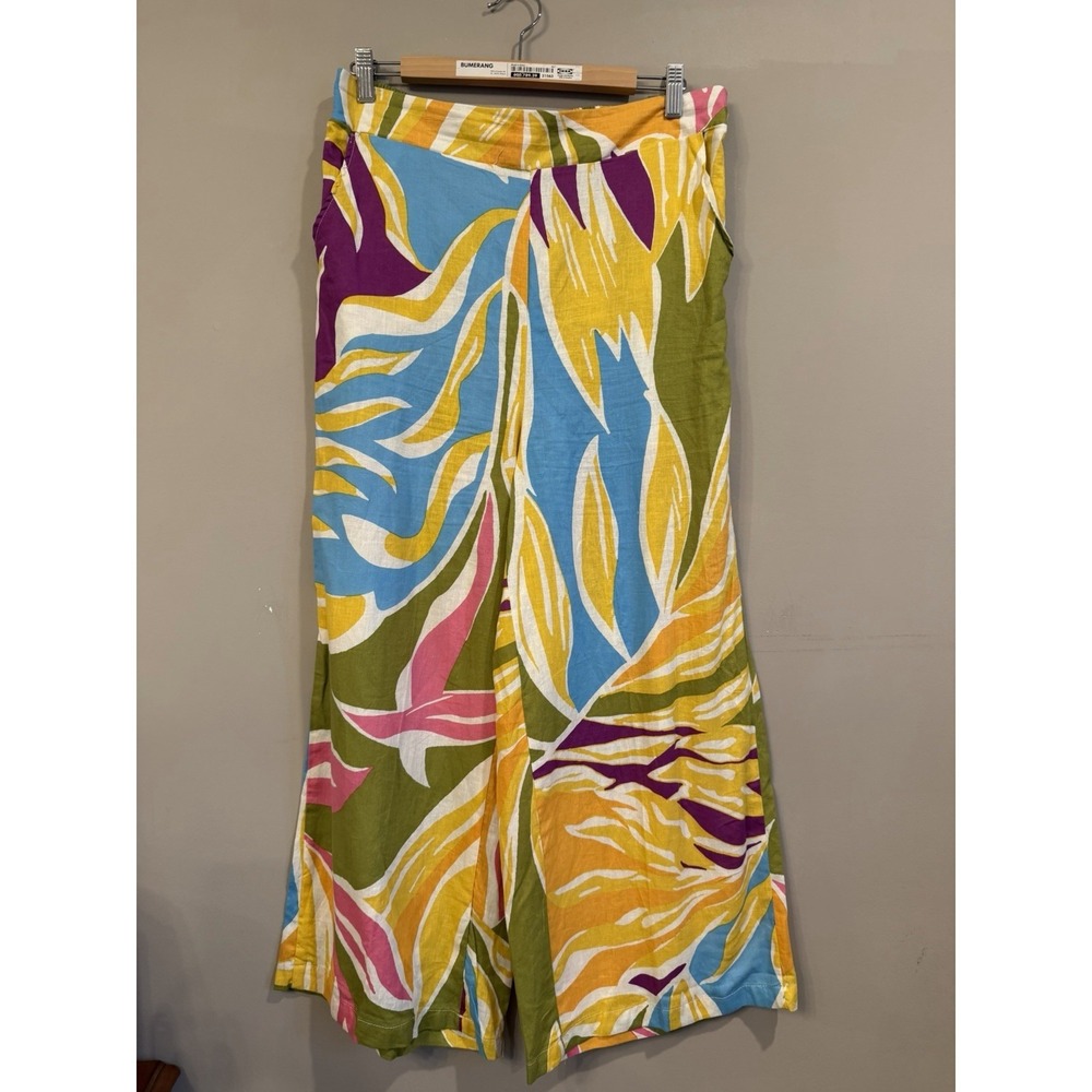 Christian Siriano Pants Womens L Green Floral Linen Blend‎ Cropped Wide Leg